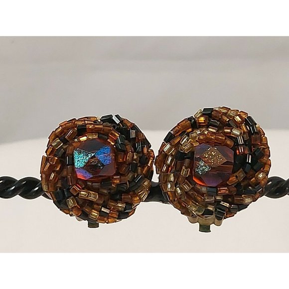 Vintage Faux Amber Crystal Bead Cluster Clip On Earrings 40-60's Classic JAPAN - Picture 2 of 8